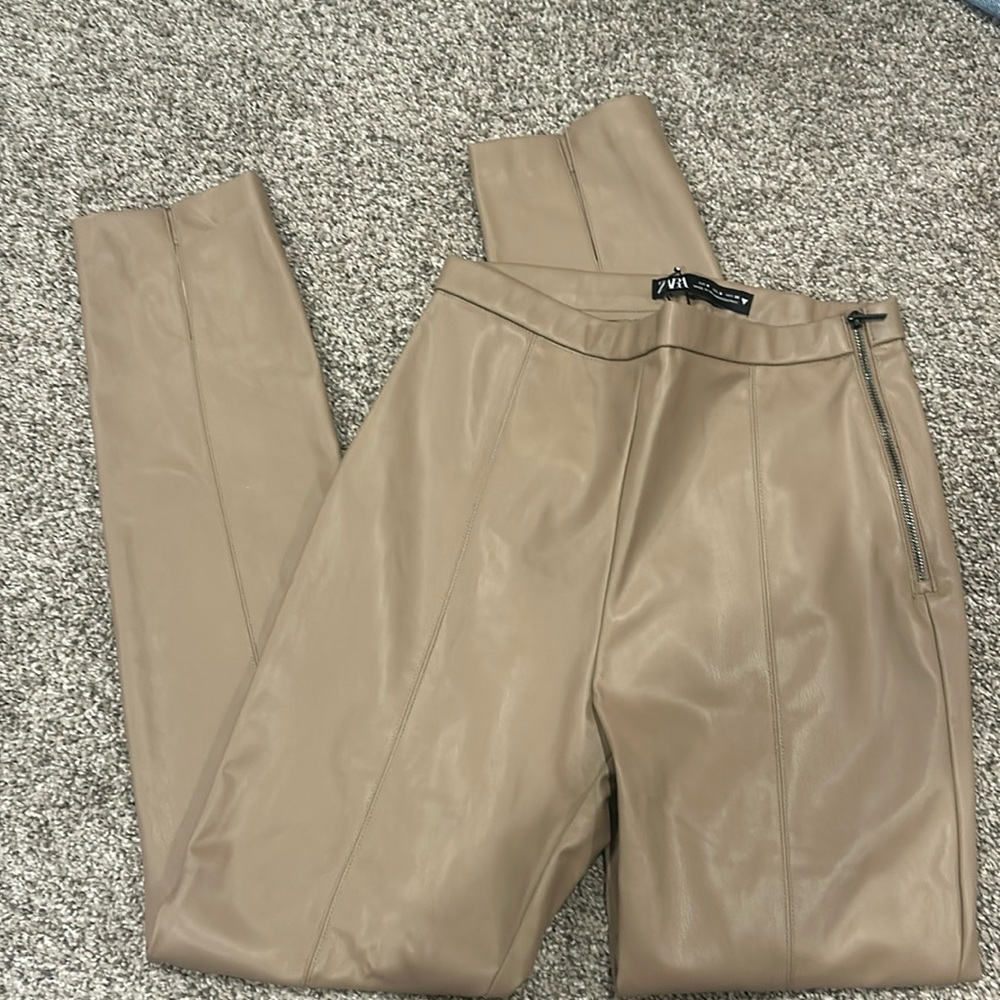 Zara tan leather leggings / pants